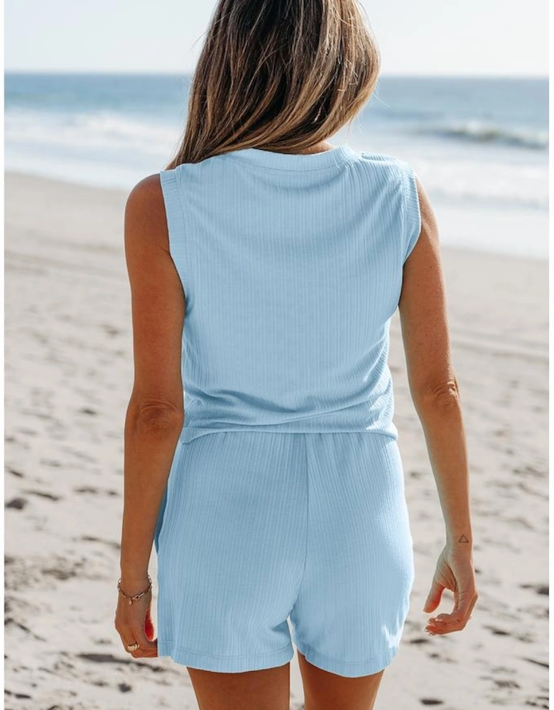 Beau Blue Ribbed Button V Neck Tank Top and Shorts Set