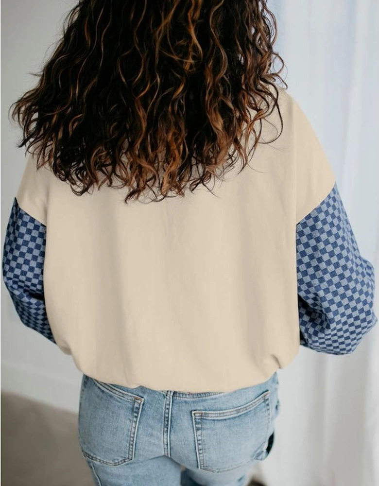 Parchment Checkered Patchwork Kangaroo Pocket Half Zipper Hoodie