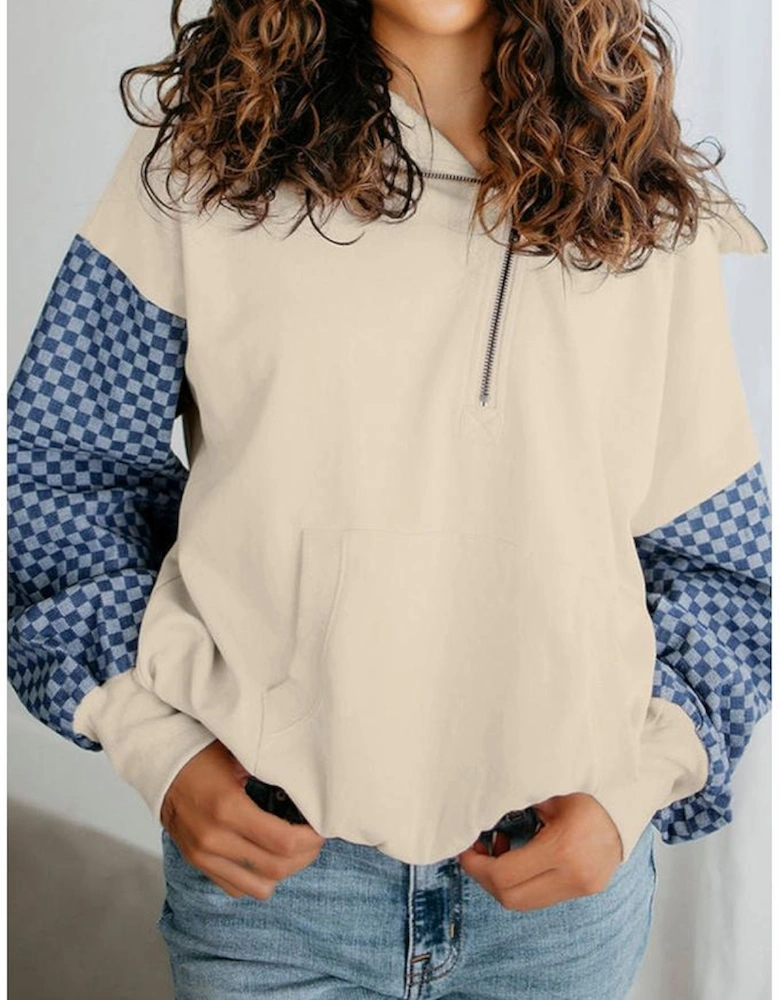 Parchment Checkered Patchwork Kangaroo Pocket Half Zipper Hoodie