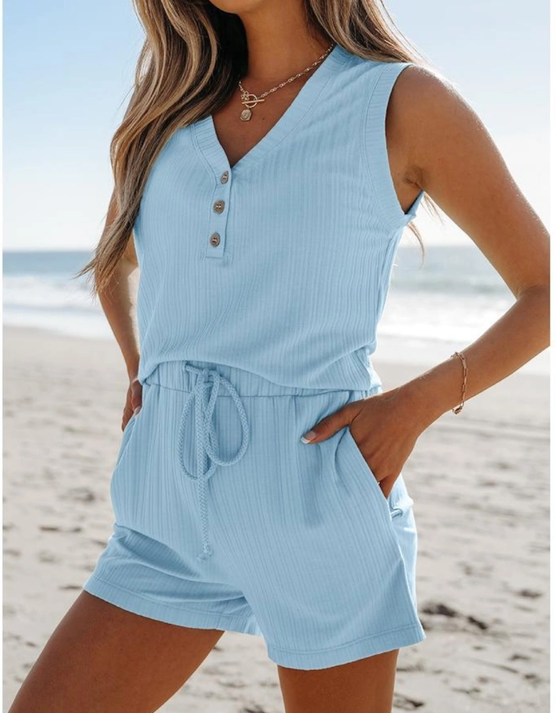 Beau Blue Ribbed Button V Neck Tank Top and Shorts Set