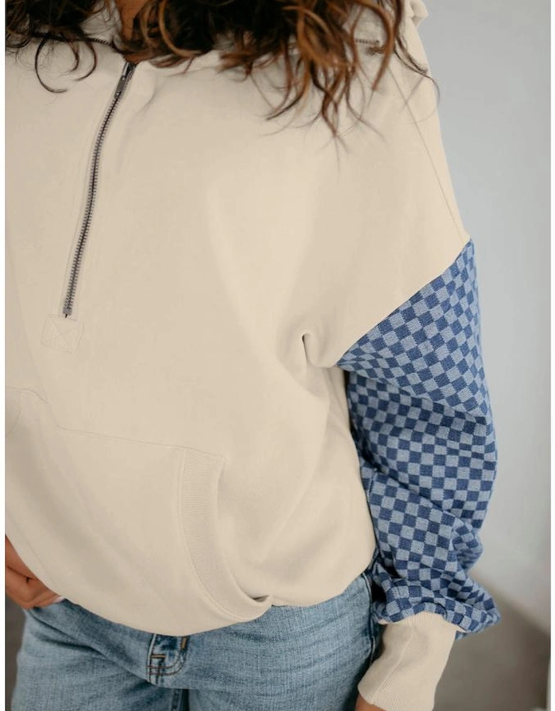 Parchment Checkered Patchwork Kangaroo Pocket Half Zipper Hoodie