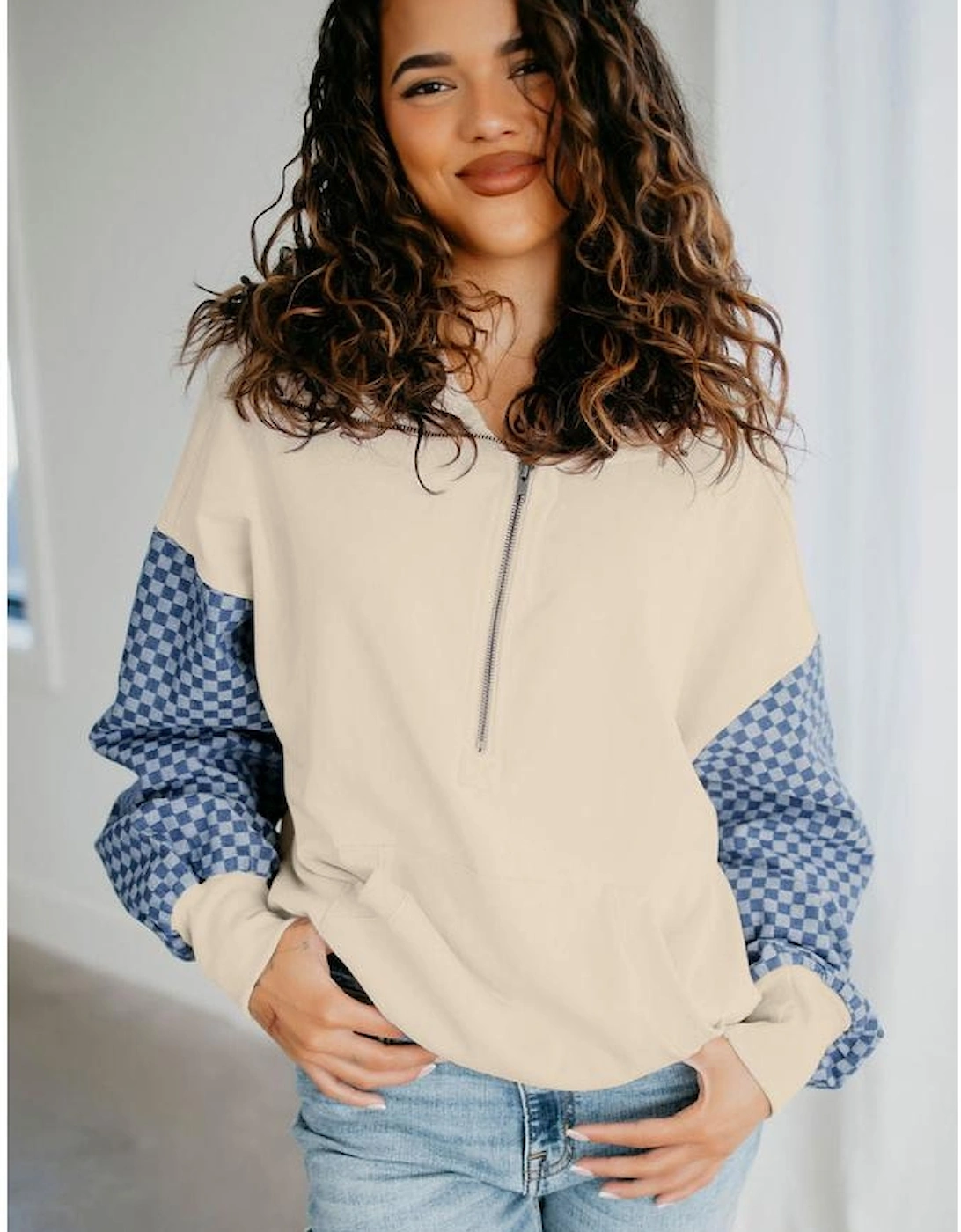 Parchment Checkered Patchwork Kangaroo Pocket Half Zipper Hoodie