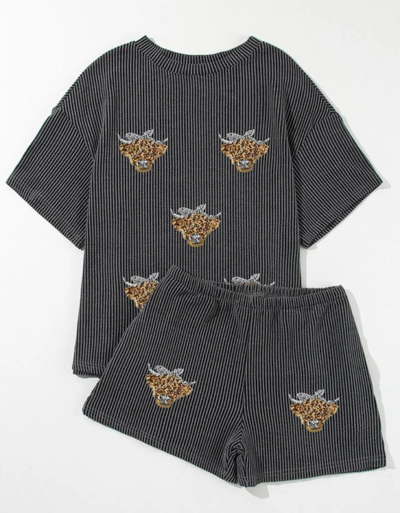 Carbon Grey Sequin Heifer Patched 2pcs Twisted Ribbed Casual Short Set