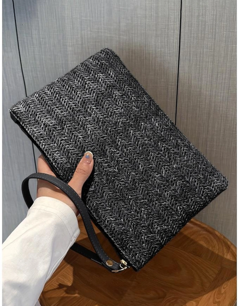 Black Straw Woven Wrist Strap Zipper Large Wallet