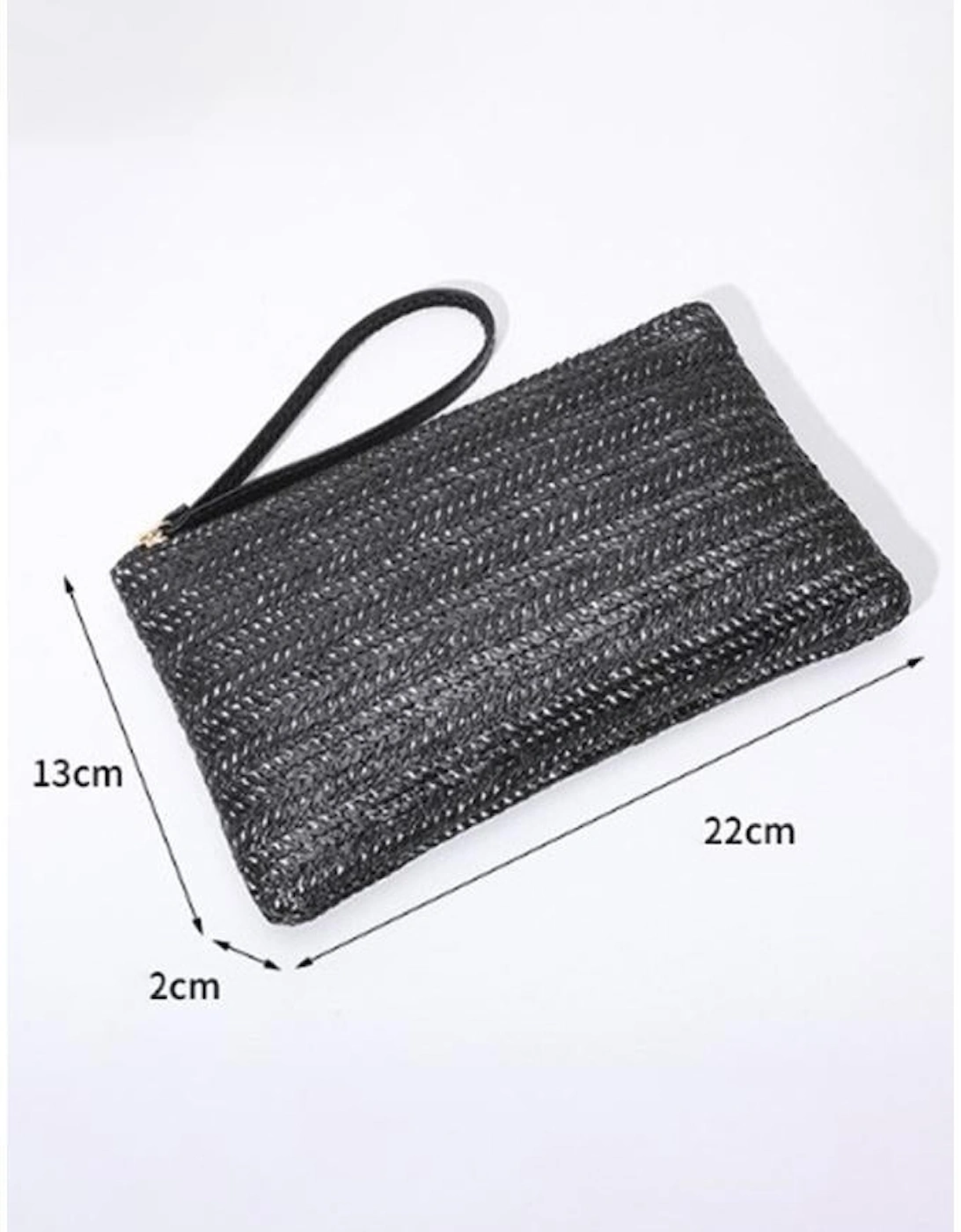 Black Straw Woven Wrist Strap Zipper Large Wallet