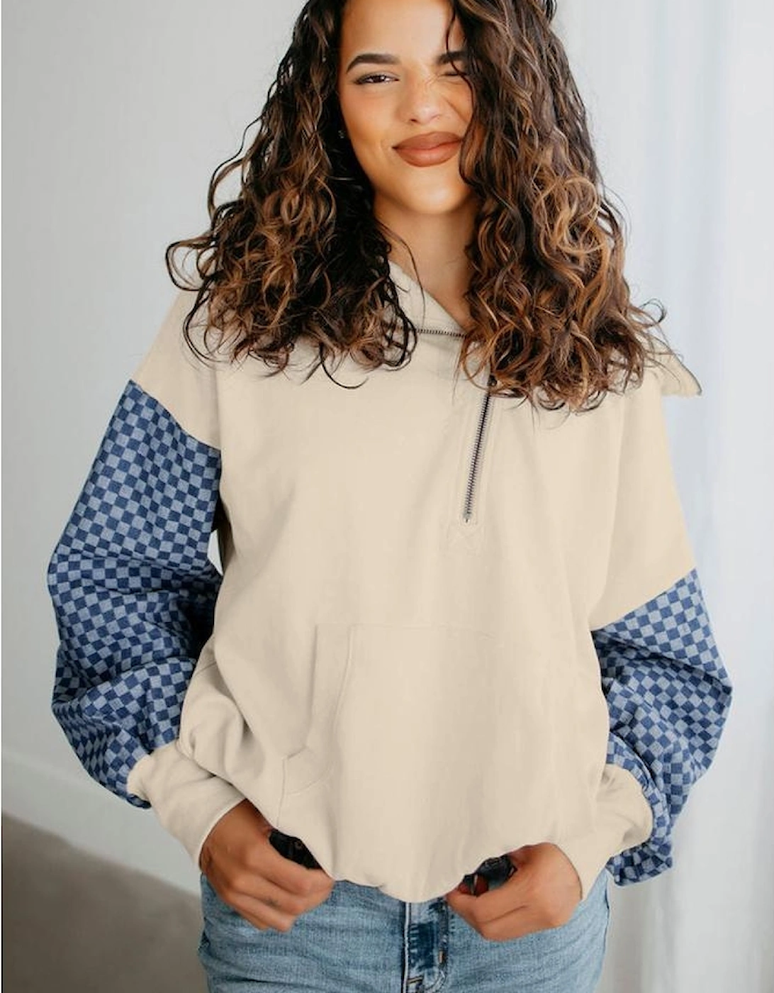 Parchment Checkered Patchwork Kangaroo Pocket Half Zipper Hoodie
