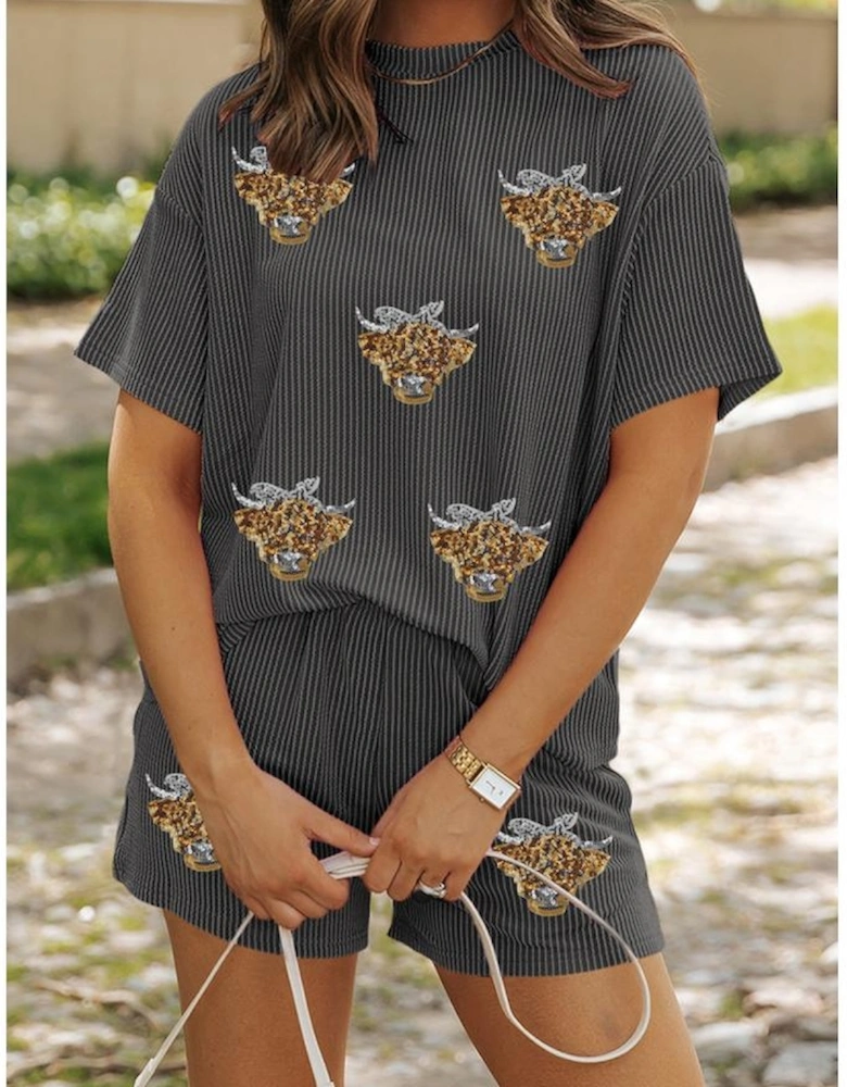 Carbon Grey Sequin Heifer Patched 2pcs Twisted Ribbed Casual Short Set