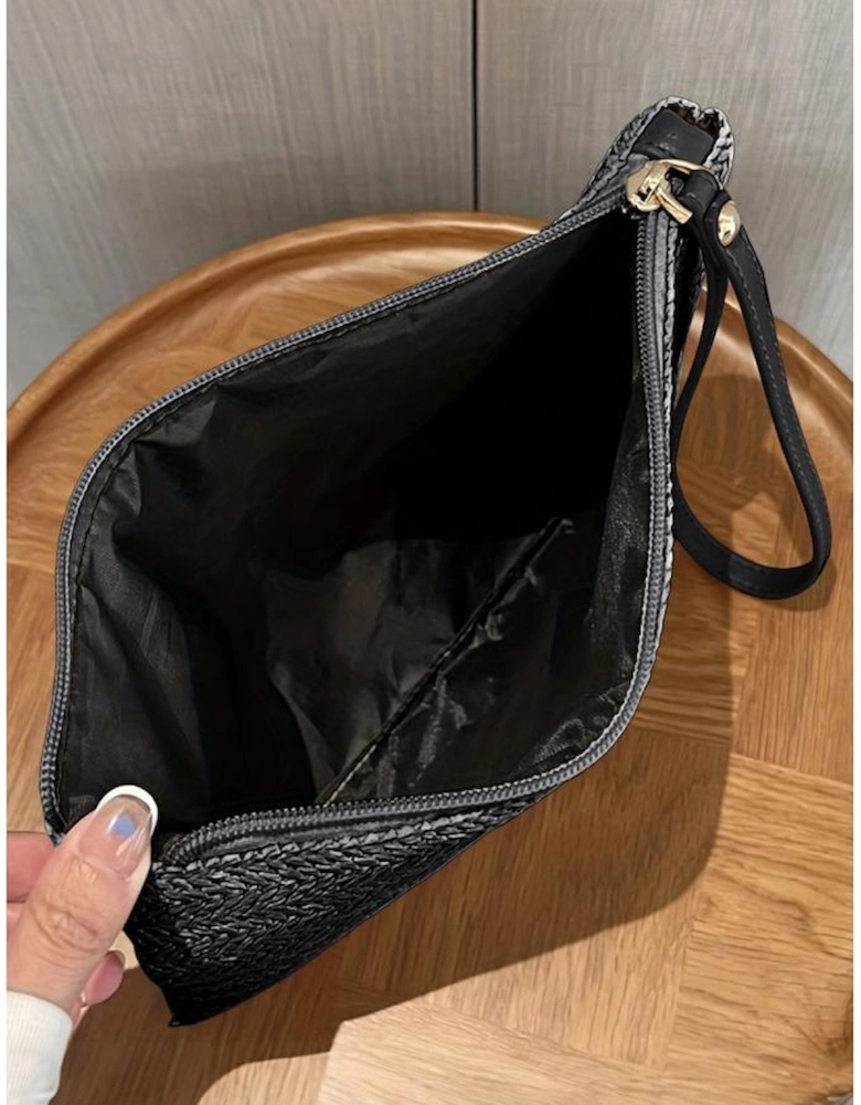 Black Straw Woven Wrist Strap Zipper Large Wallet