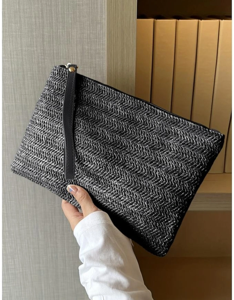 Black Straw Woven Wrist Strap Zipper Large Wallet