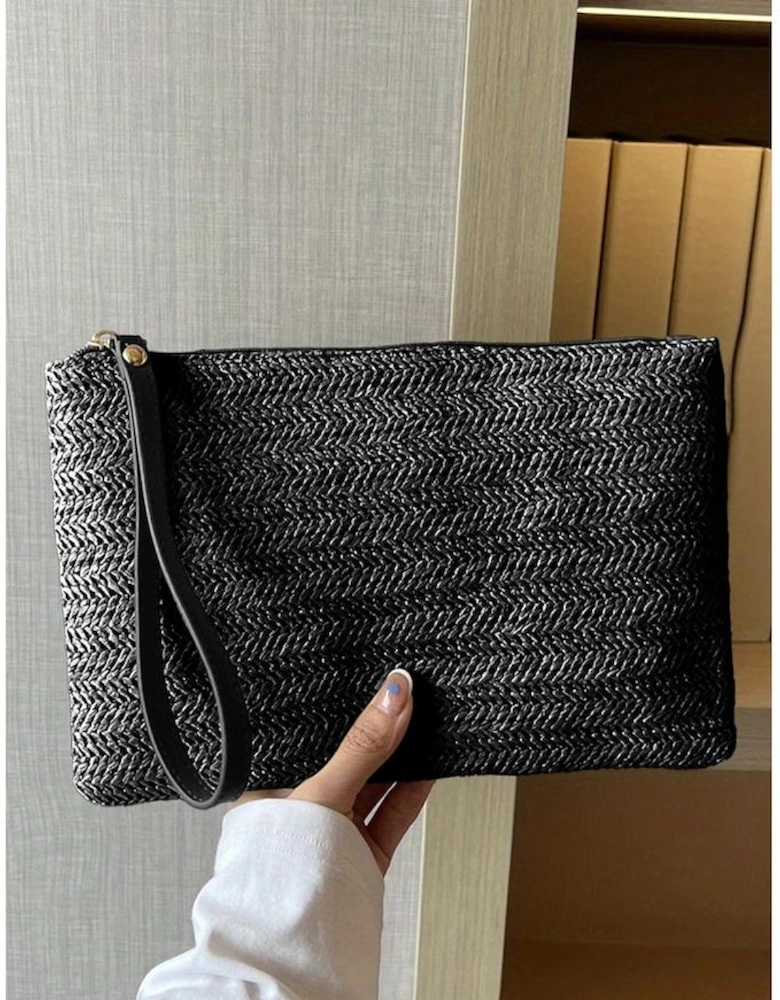 Black Straw Woven Wrist Strap Zipper Large Wallet