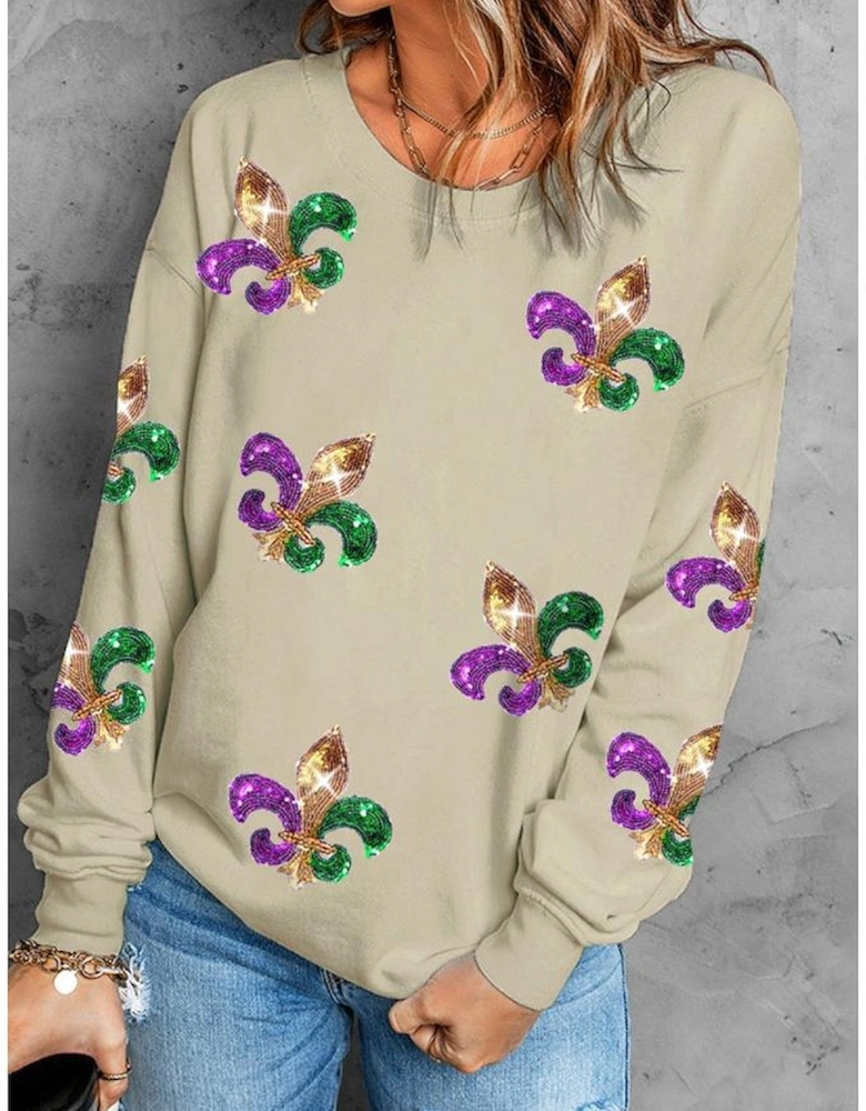 Khaki Sequin Mardi Gras Graphic Pullover Sweatshirt