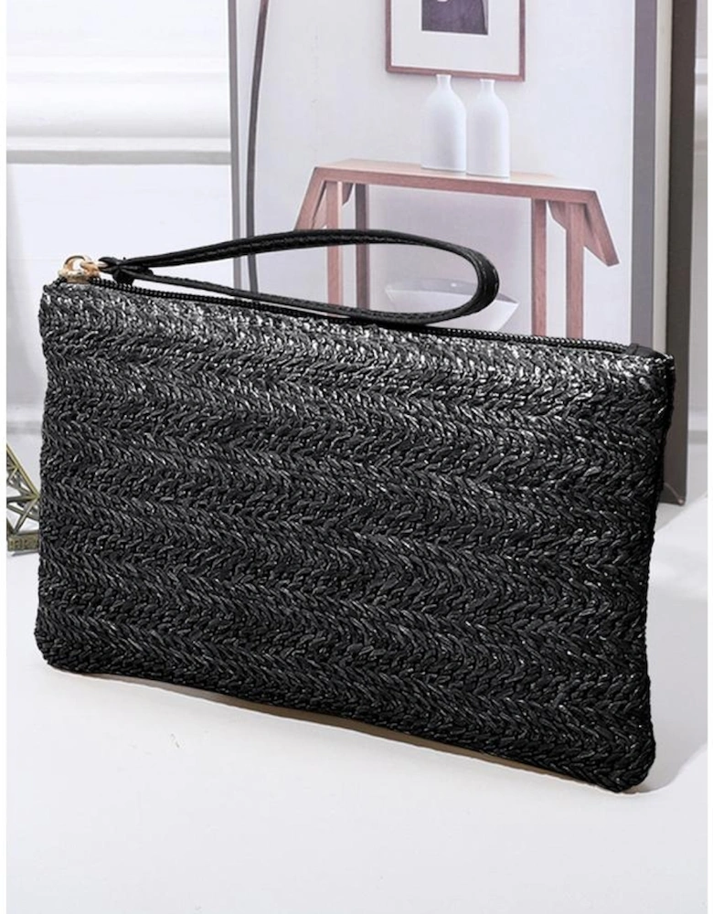 Black Straw Woven Wrist Strap Zipper Large Wallet