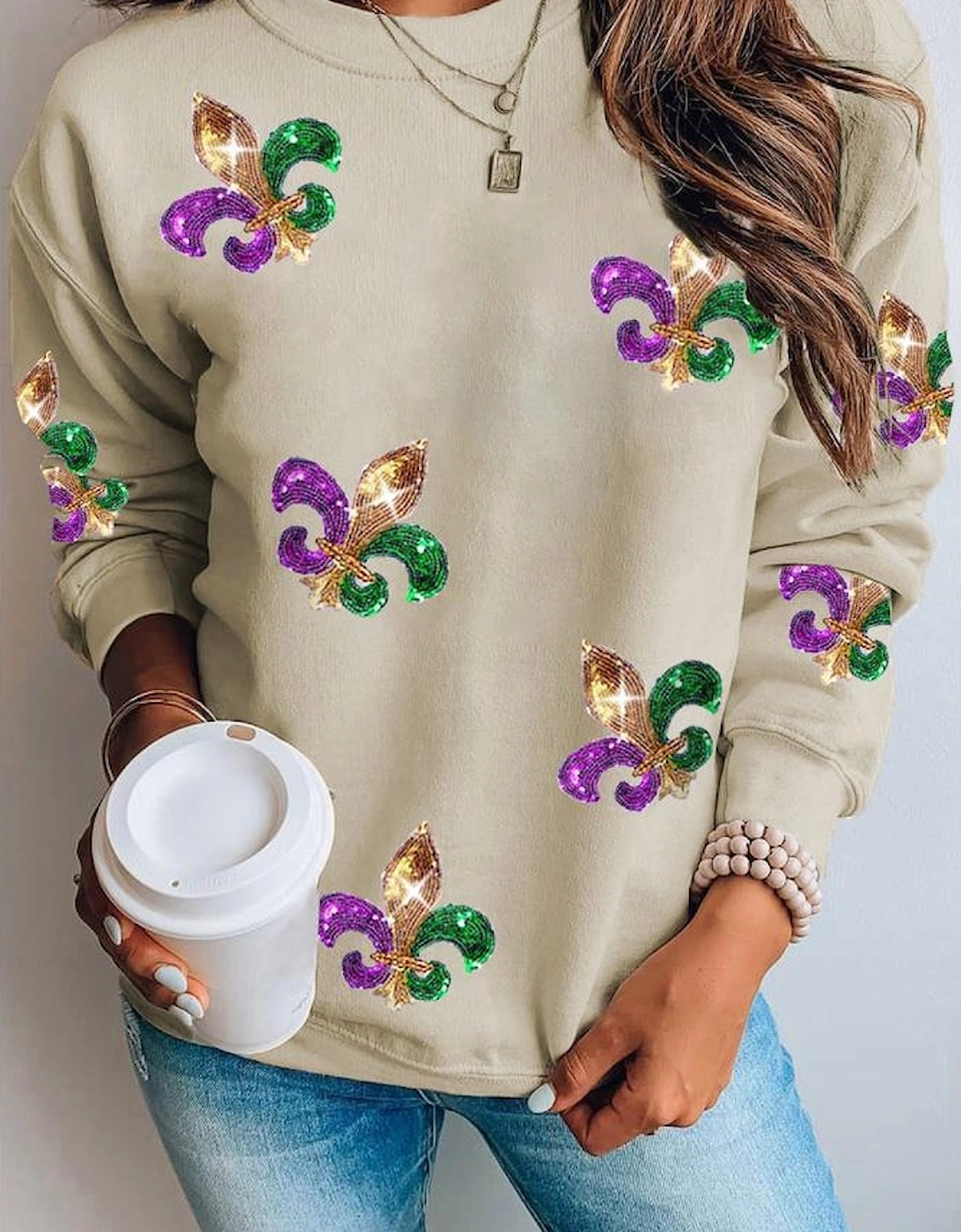 Khaki Sequin Mardi Gras Graphic Pullover Sweatshirt, 4 of 3
