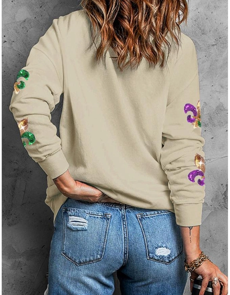 Khaki Sequin Mardi Gras Graphic Pullover Sweatshirt