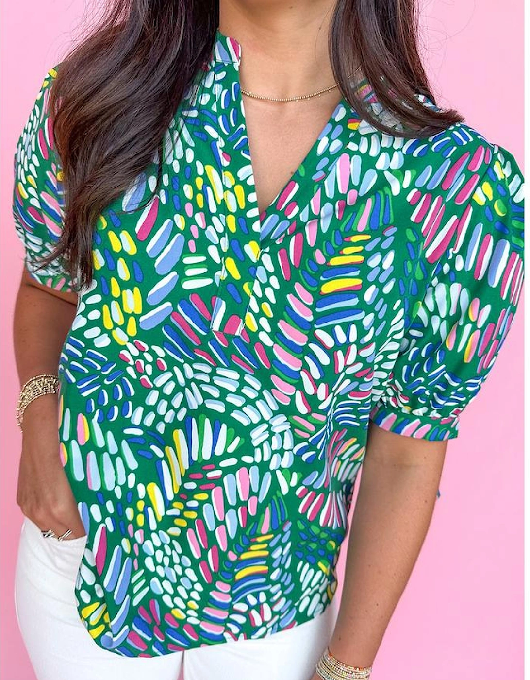 Green Brushwork Geometric Print Puff Sleeve Notched Neck Blouse