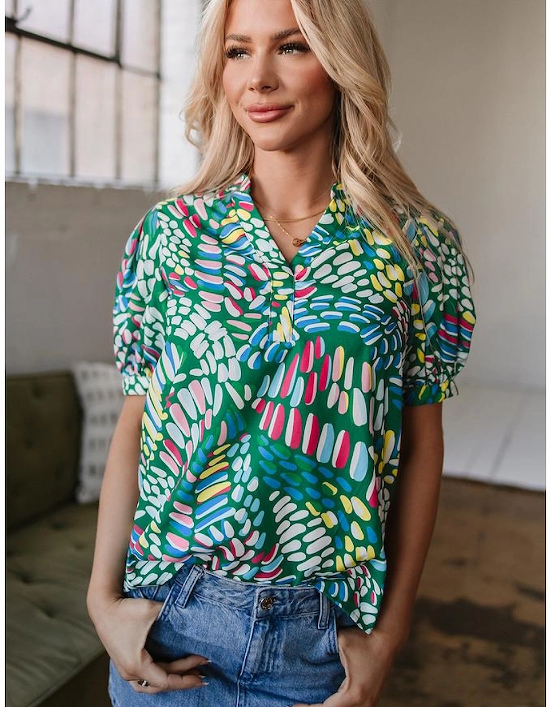 Green Brushwork Geometric Print Puff Sleeve Notched Neck Blouse