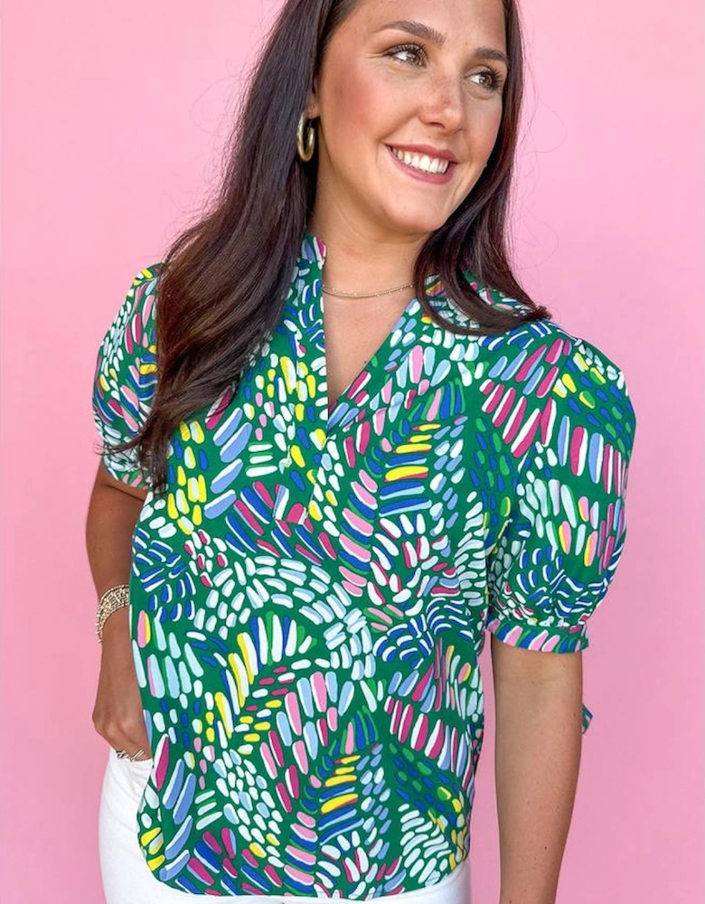 Green Brushwork Geometric Print Puff Sleeve Notched Neck Blouse