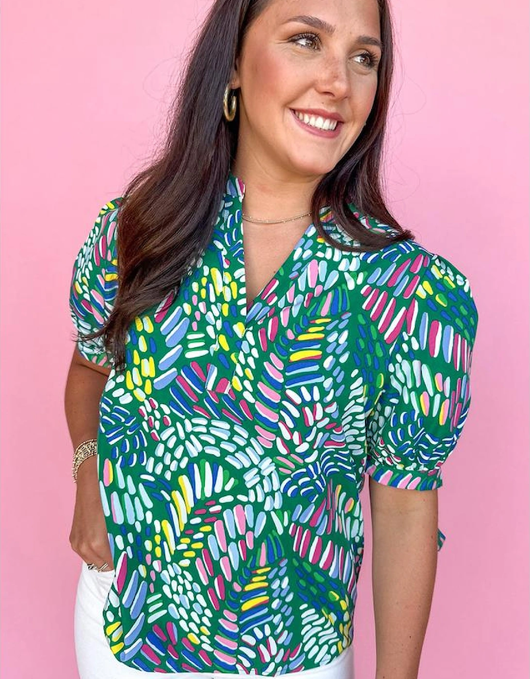 Green Brushwork Geometric Print Puff Sleeve Notched Neck Blouse