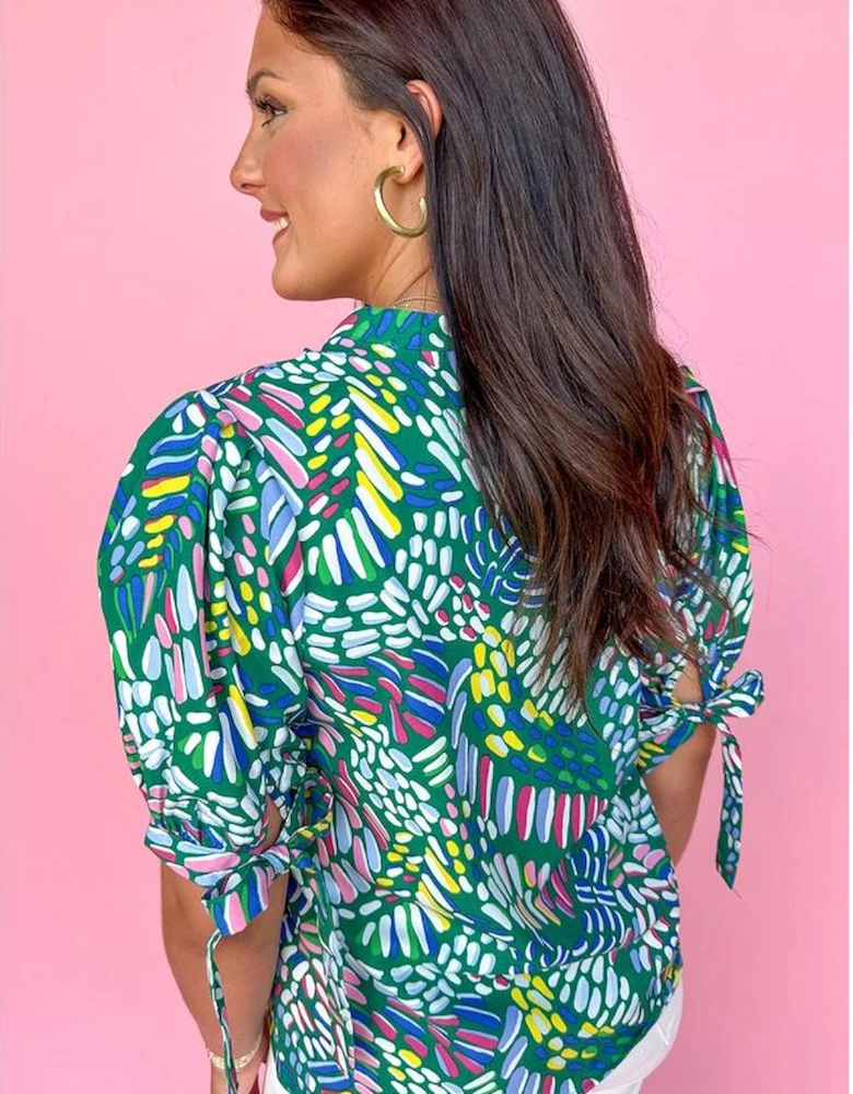 Green Brushwork Geometric Print Puff Sleeve Notched Neck Blouse