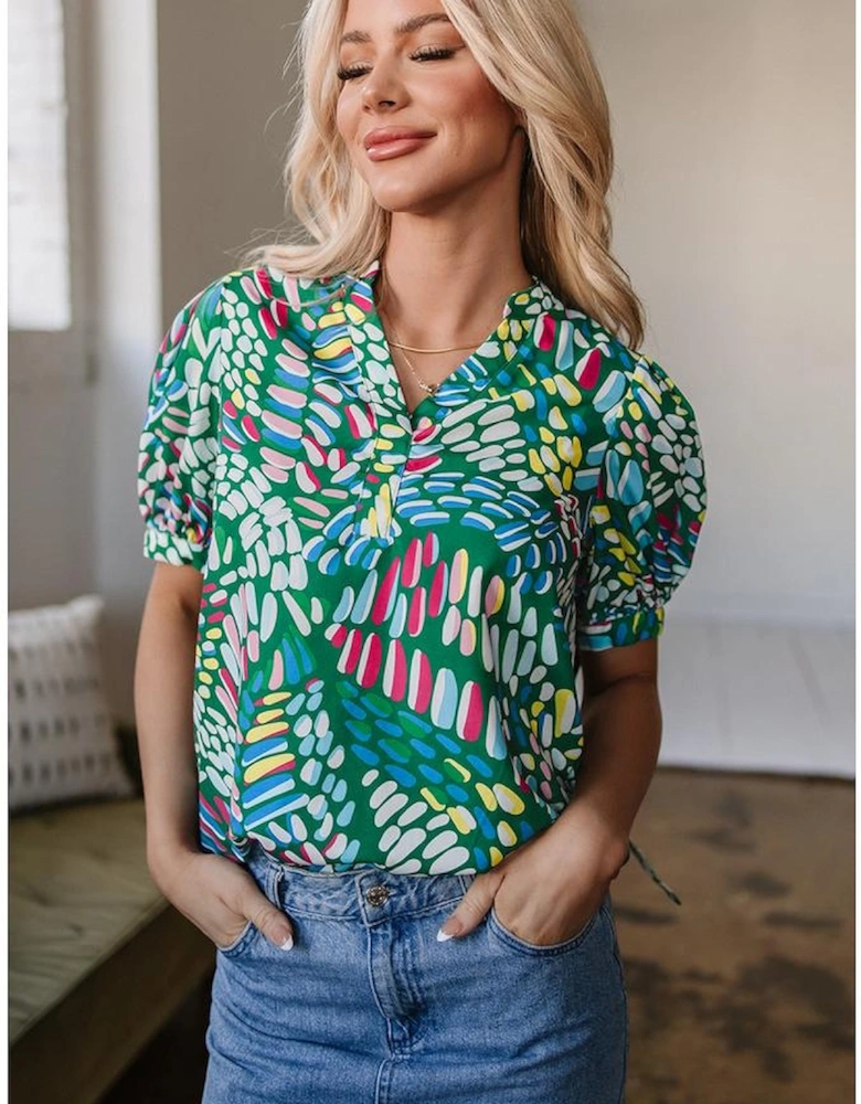 Green Brushwork Geometric Print Puff Sleeve Notched Neck Blouse