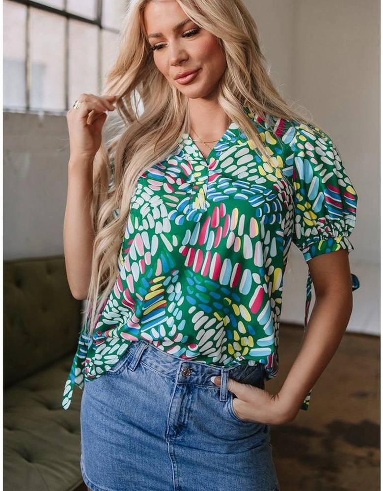 Green Brushwork Geometric Print Puff Sleeve Notched Neck Blouse