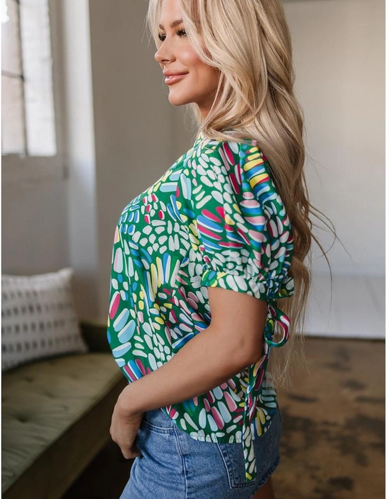Green Brushwork Geometric Print Puff Sleeve Notched Neck Blouse