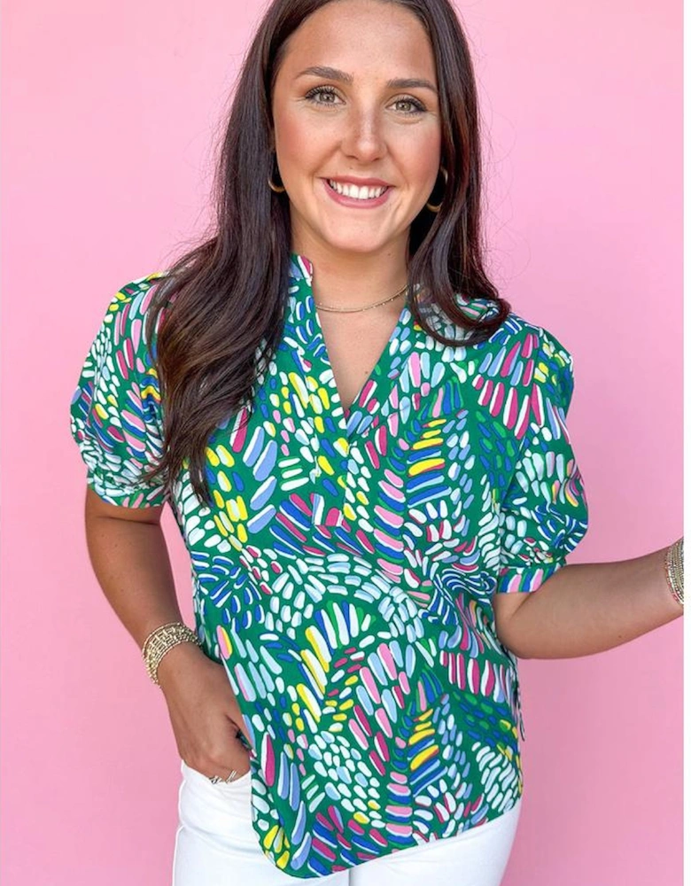 Green Brushwork Geometric Print Puff Sleeve Notched Neck Blouse