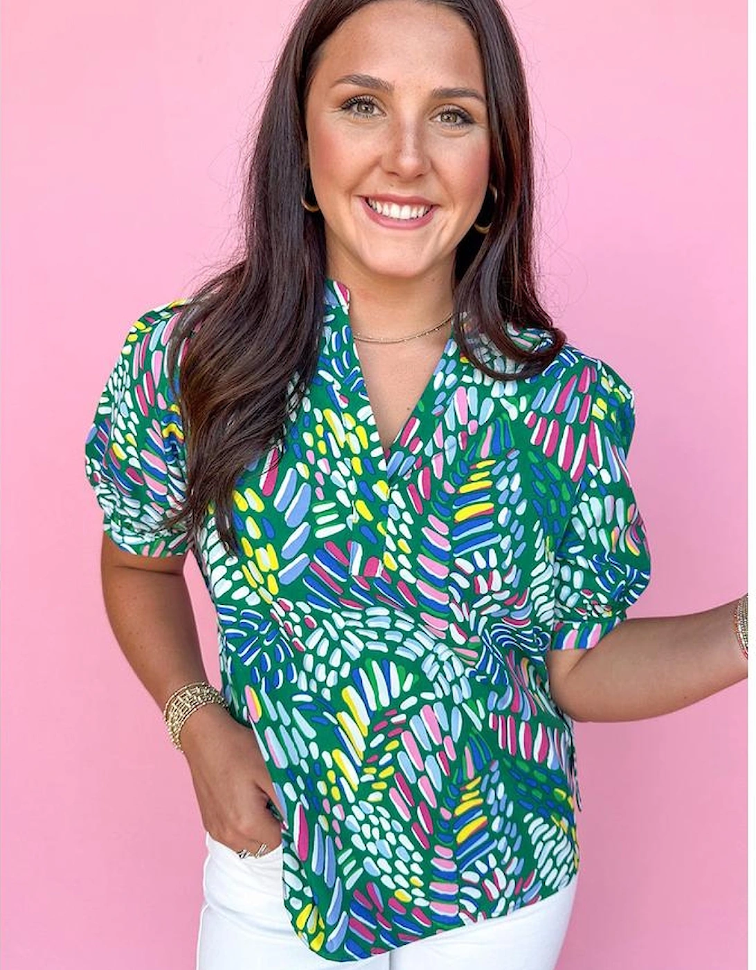 Green Brushwork Geometric Print Puff Sleeve Notched Neck Blouse