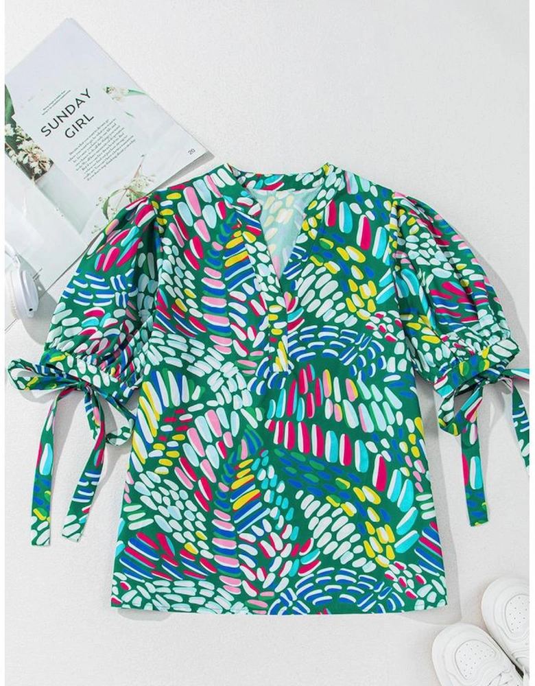 Green Brushwork Geometric Print Puff Sleeve Notched Neck Blouse