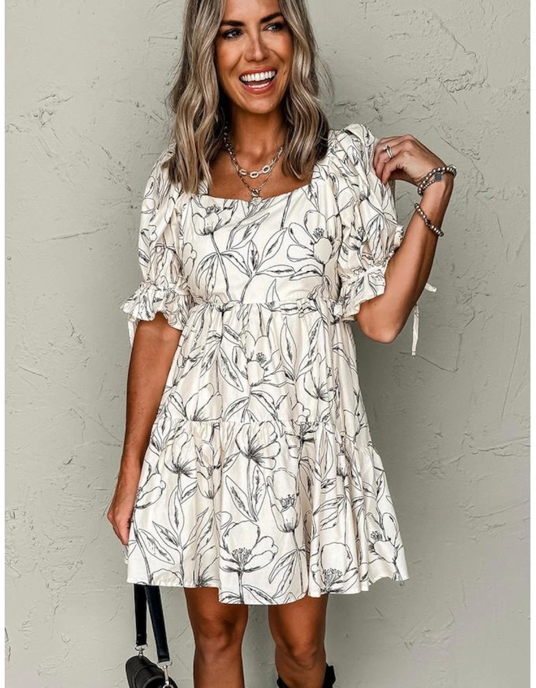 Beige Floral Print Square Neck Shirred Back Puff Sleeve Mini Dress