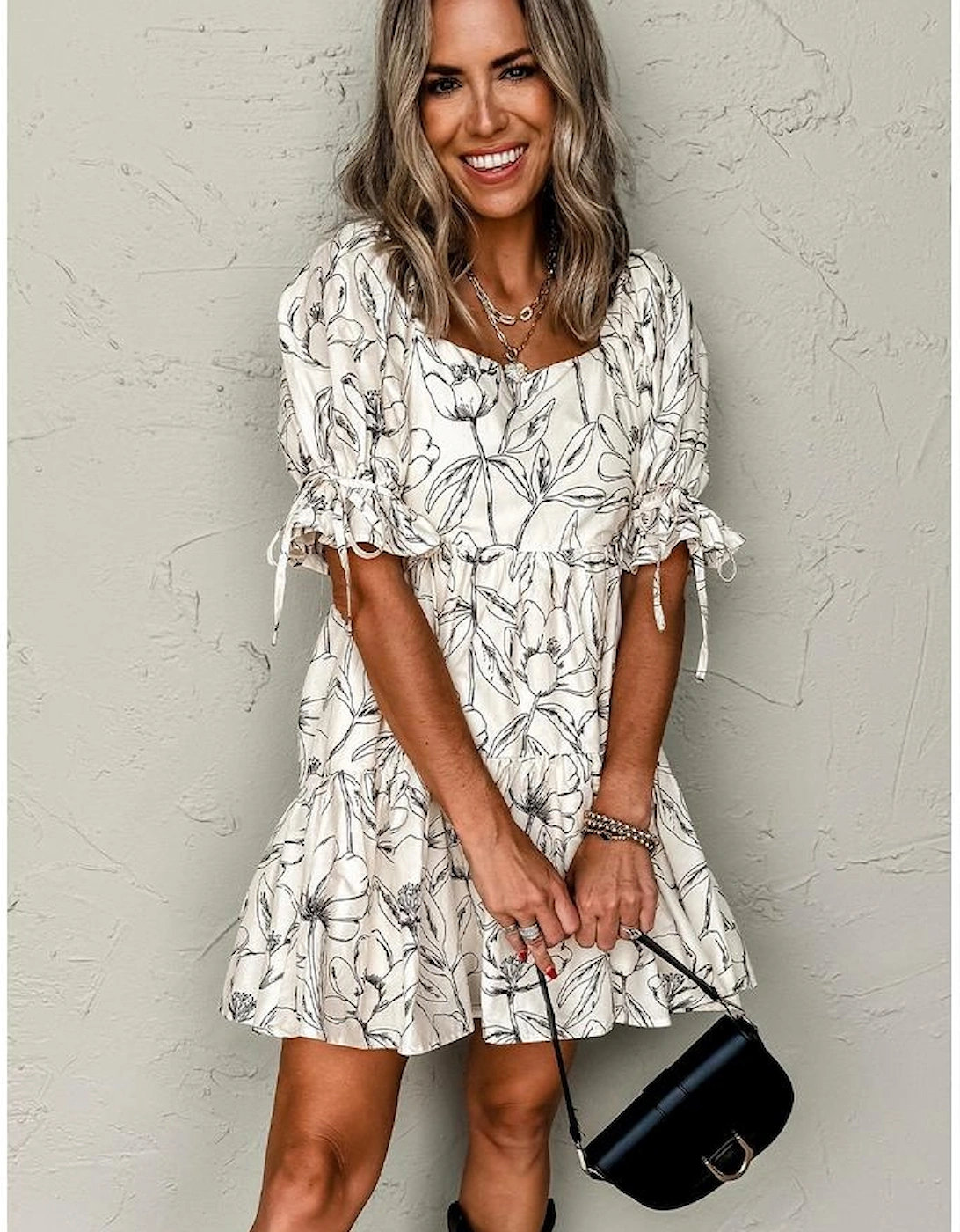 Beige Floral Print Square Neck Shirred Back Puff Sleeve Mini Dress
