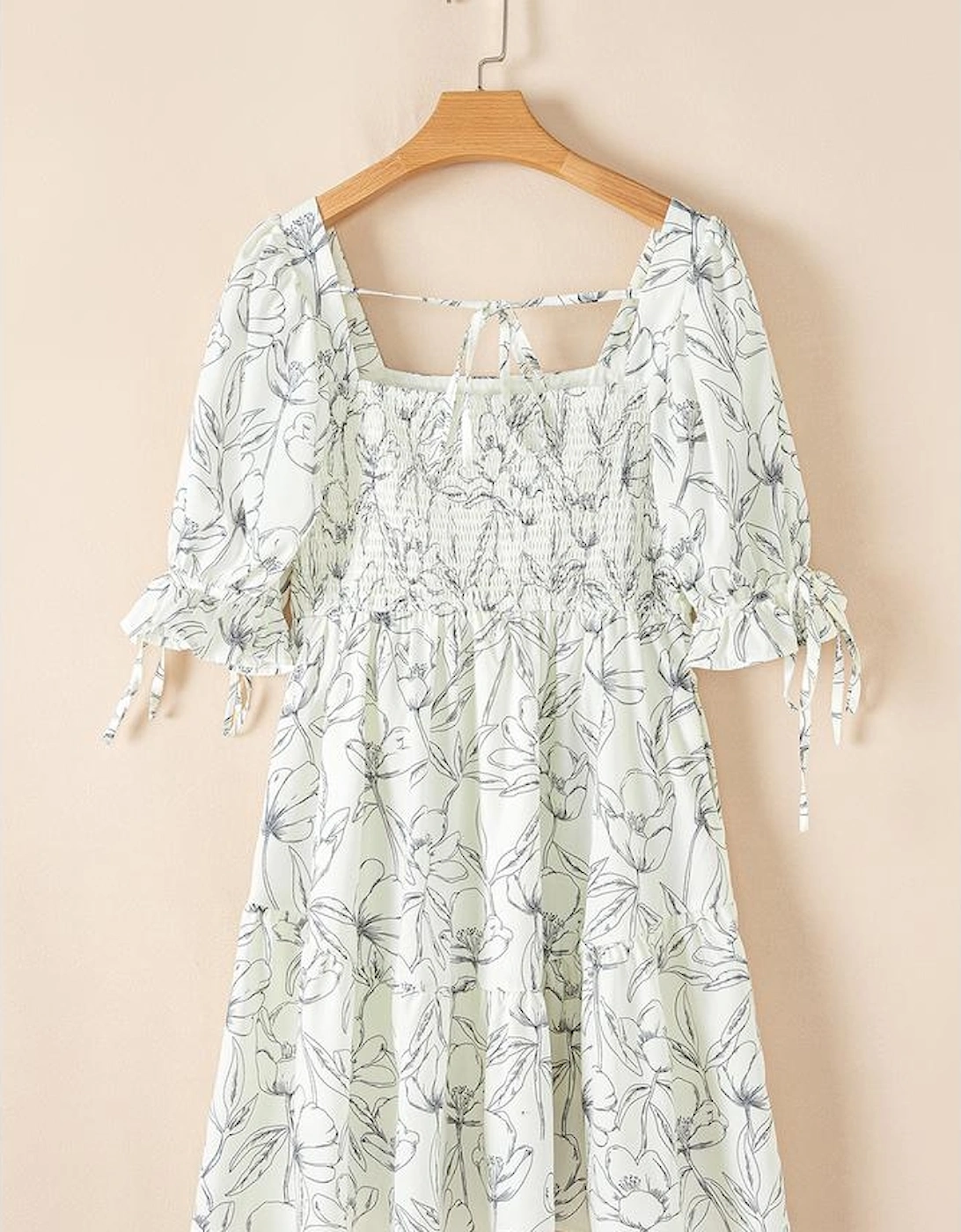 Beige Floral Print Square Neck Shirred Back Puff Sleeve Mini Dress