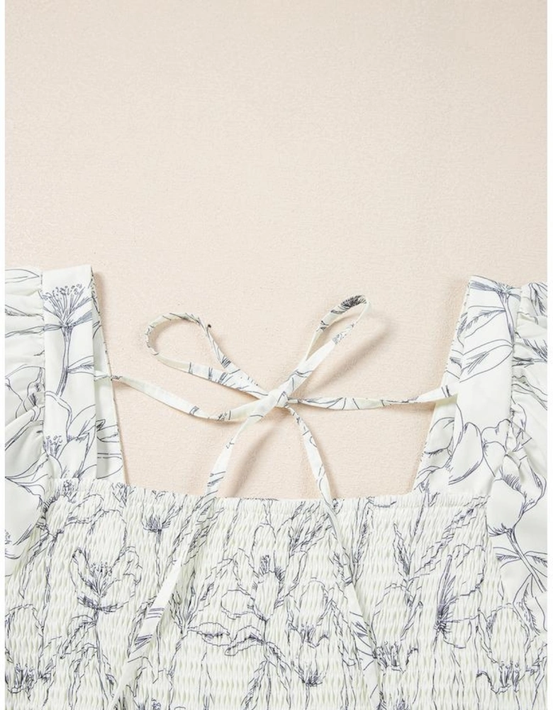 Beige Floral Print Square Neck Shirred Back Puff Sleeve Mini Dress