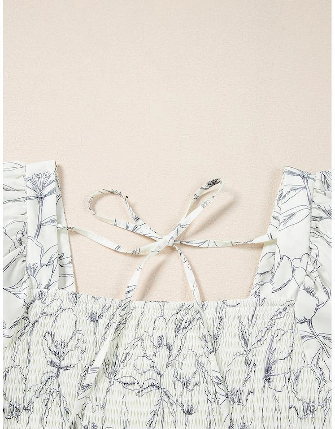 Beige Floral Print Square Neck Shirred Back Puff Sleeve Mini Dress