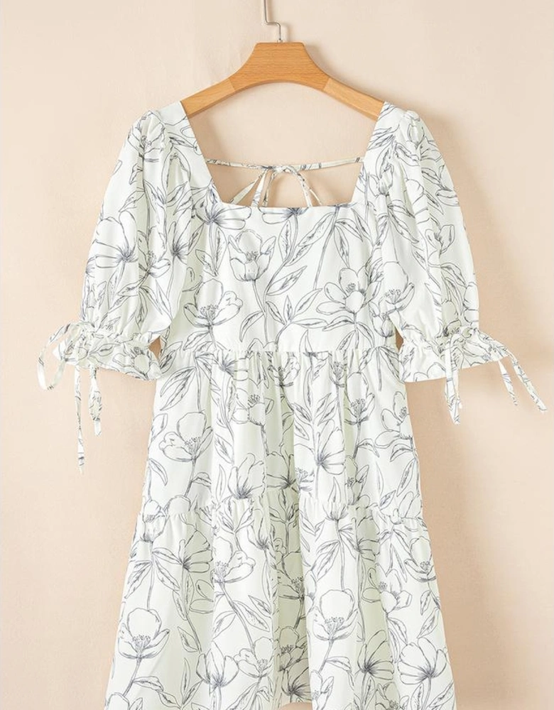 Beige Floral Print Square Neck Shirred Back Puff Sleeve Mini Dress