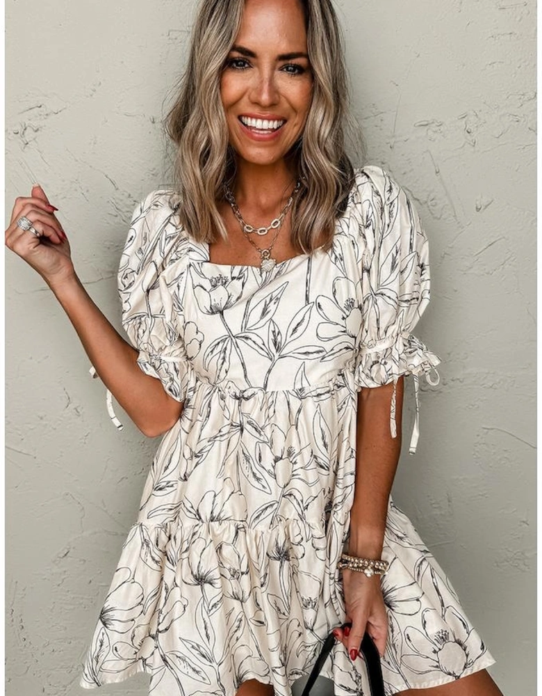 Beige Floral Print Square Neck Shirred Back Puff Sleeve Mini Dress
