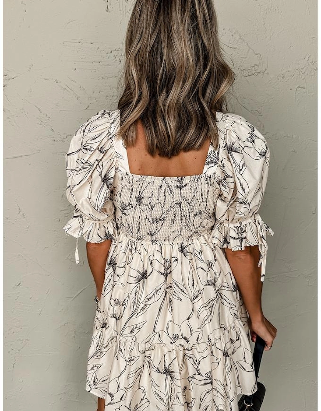 Beige Floral Print Square Neck Shirred Back Puff Sleeve Mini Dress, 16 of 15