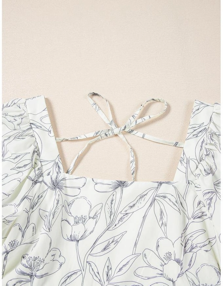 Beige Floral Print Square Neck Shirred Back Puff Sleeve Mini Dress