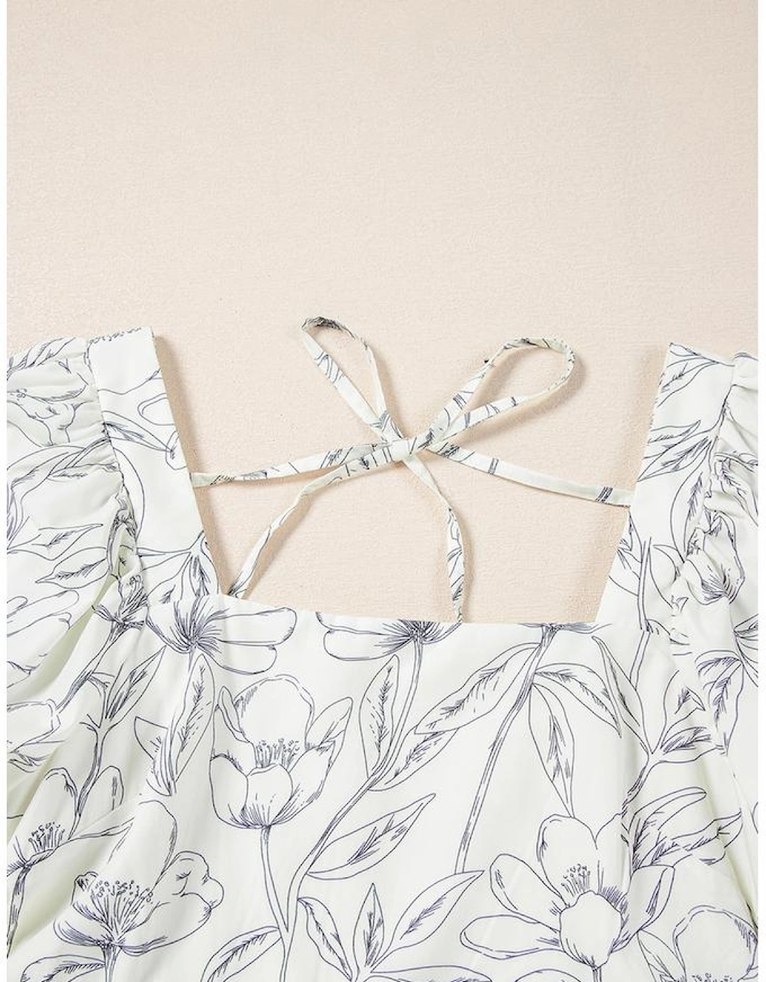 Beige Floral Print Square Neck Shirred Back Puff Sleeve Mini Dress