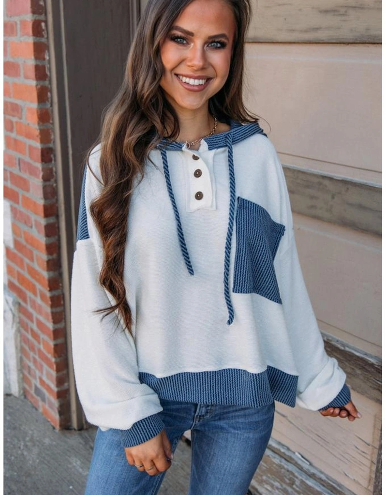 White Corded Colorblock Patch Pocket Drawstring Hooded Top