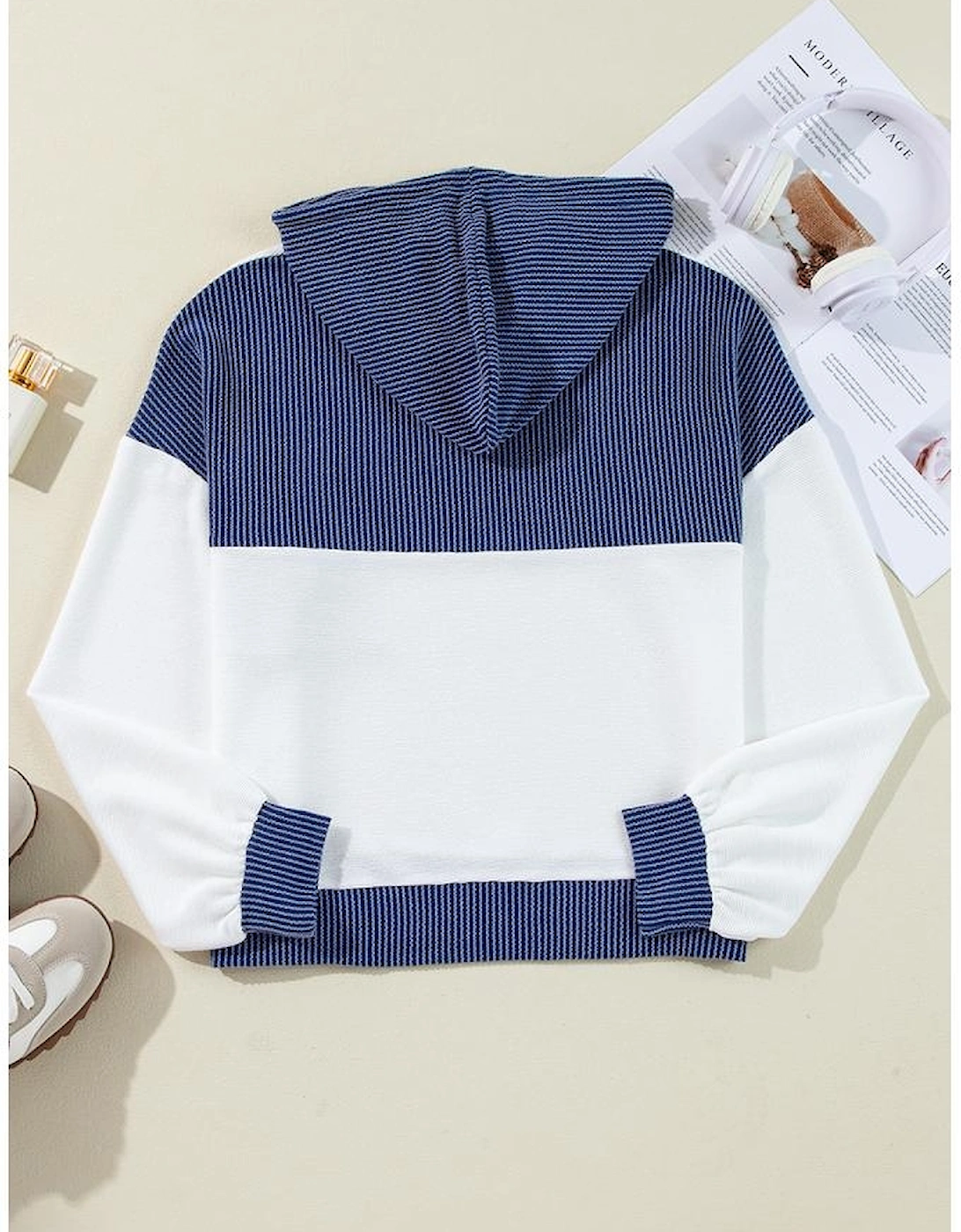 White Corded Colorblock Patch Pocket Drawstring Hooded Top