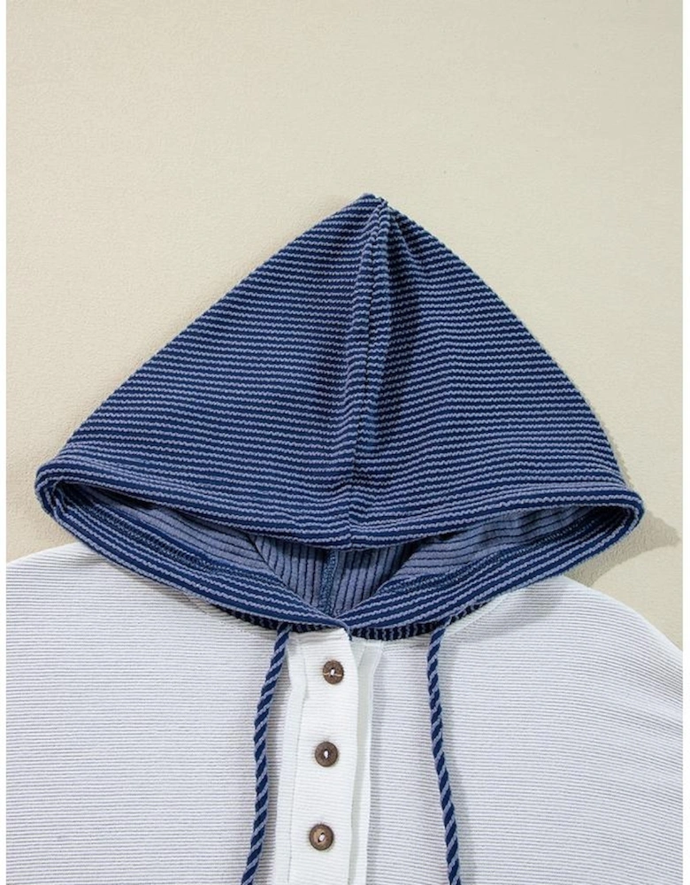 White Corded Colorblock Patch Pocket Drawstring Hooded Top