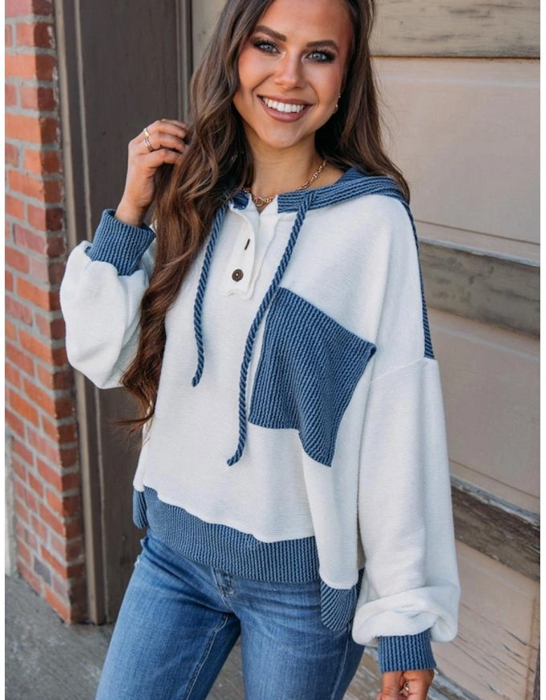 White Corded Colorblock Patch Pocket Drawstring Hooded Top
