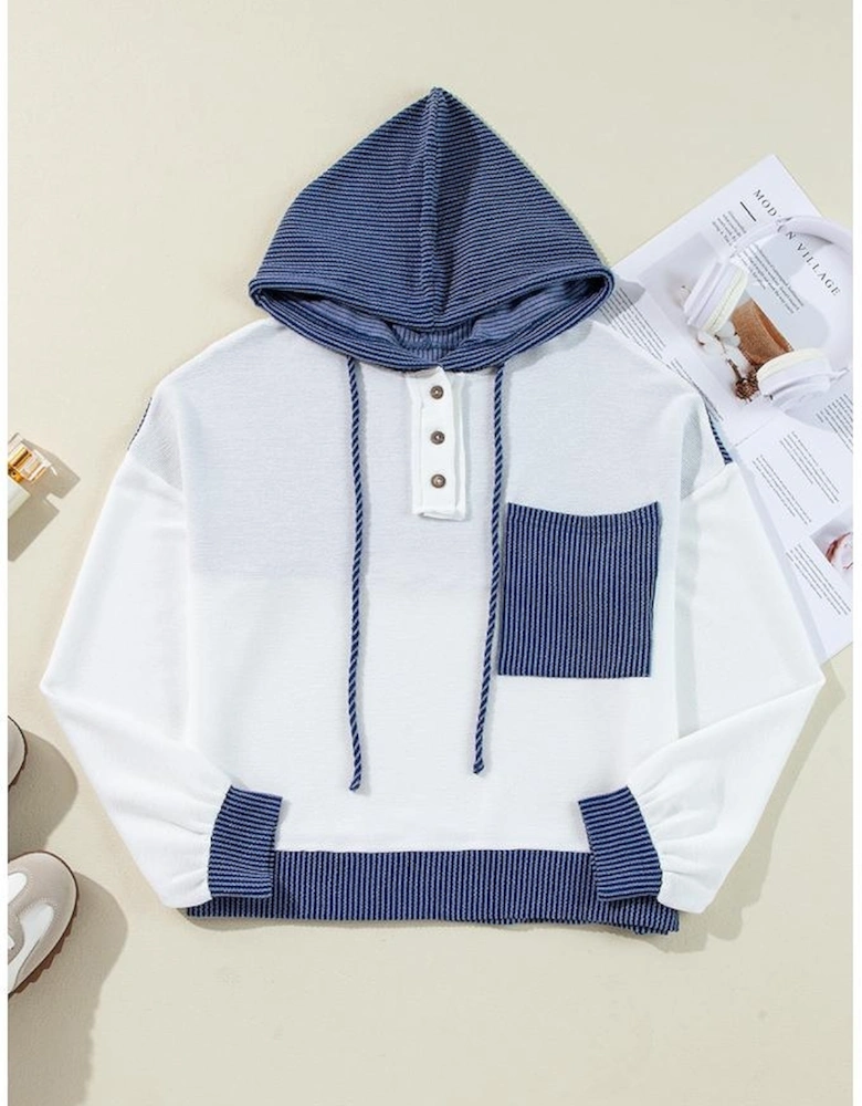 White Corded Colorblock Patch Pocket Drawstring Hooded Top