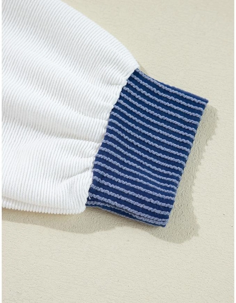 White Corded Colorblock Patch Pocket Drawstring Hooded Top