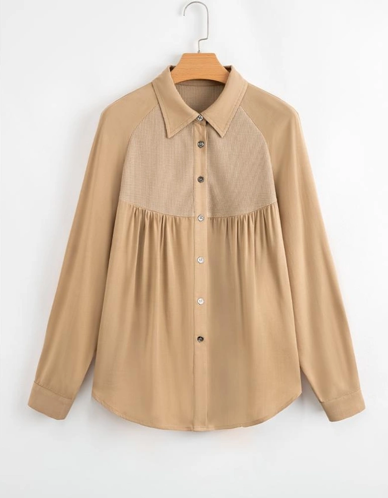 Light French Beige Waffle Patchwork Button Up Frayed Hem Shirt