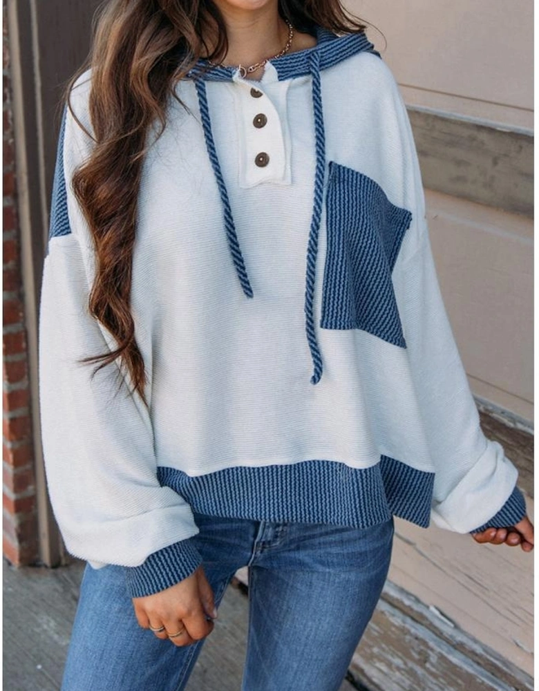White Corded Colorblock Patch Pocket Drawstring Hooded Top