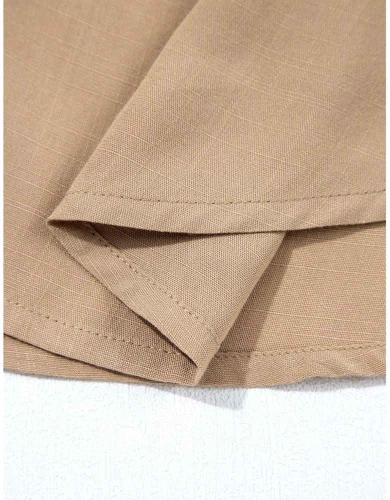 Light French Beige Waffle Patchwork Button Up Frayed Hem Shirt