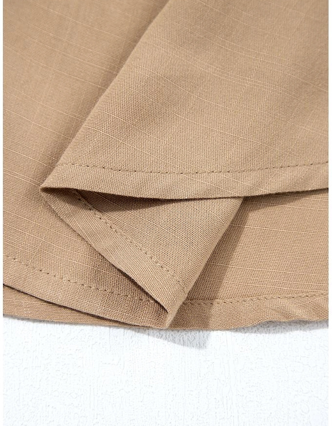 Light French Beige Waffle Patchwork Button Up Frayed Hem Shirt