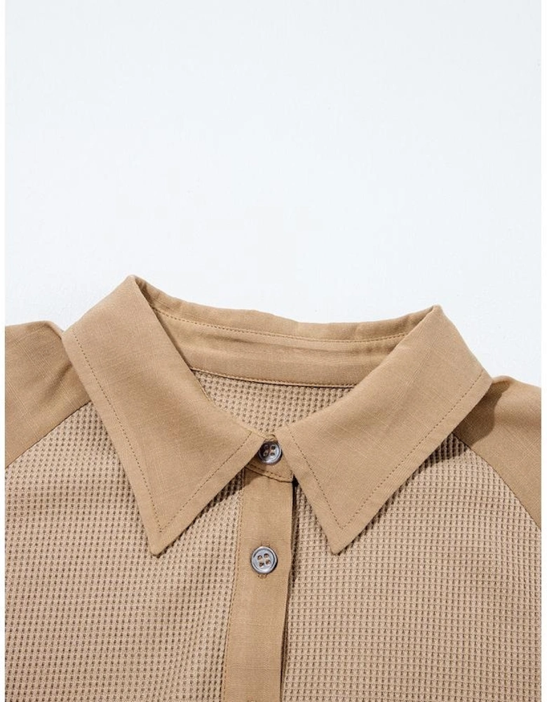 Light French Beige Waffle Patchwork Button Up Frayed Hem Shirt